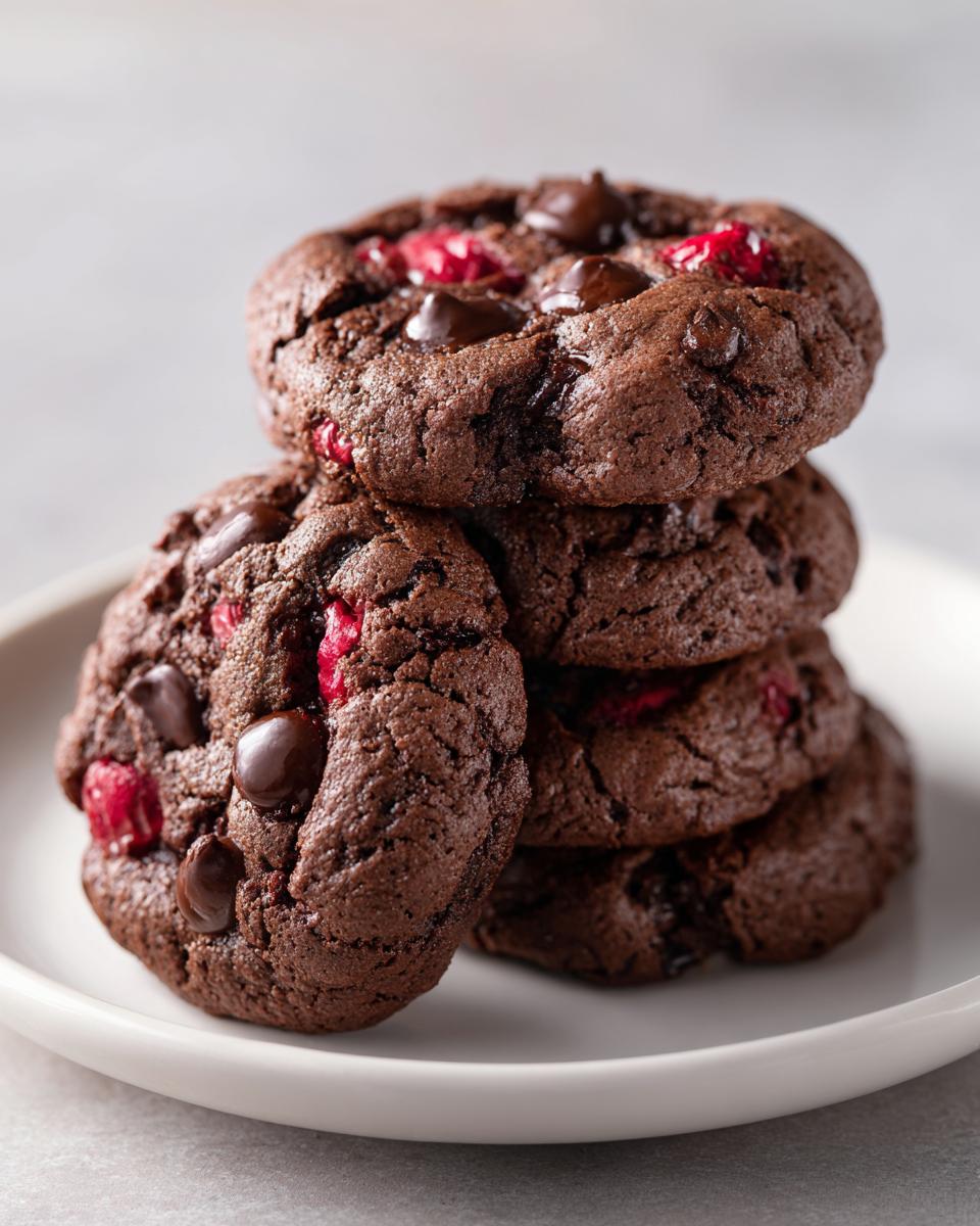 A stack of four rich, dark chocolate cherry cookies topped with chocolate chips on a white plate.