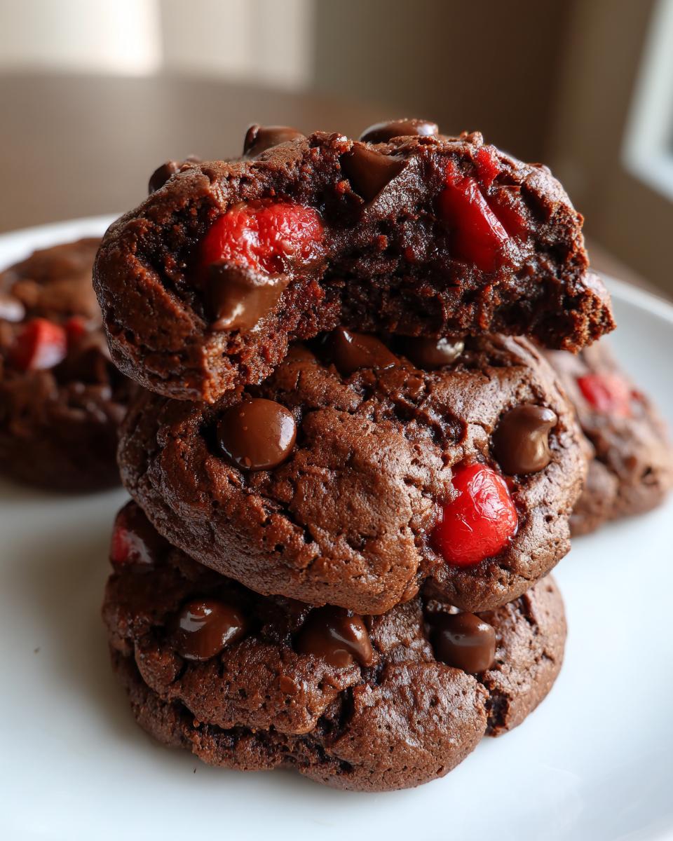 Close-up of a stack of rich chocolate cherry cookies, one broken open showing melted chocolate and bright red cherries.
