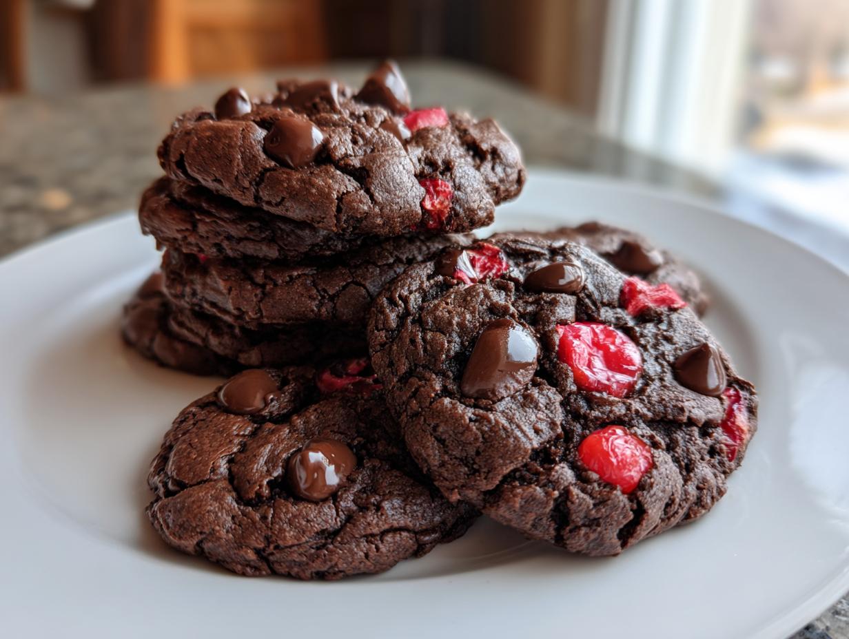 A stack of fudgy chocolate cherry cookies topped with melted chocolate chips on a white plate.