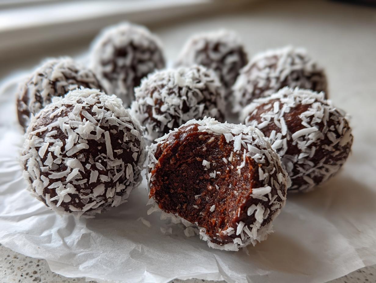 A close-up of several rich, dark chocolate coconut balls rolled in shredded coconut, one with a bite taken out.