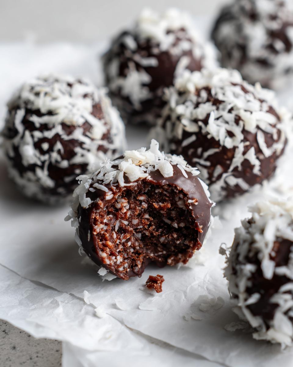 Close-up of rich, dark chocolate coconut balls rolled in shredded coconut, one has a bite taken out showing the texture.