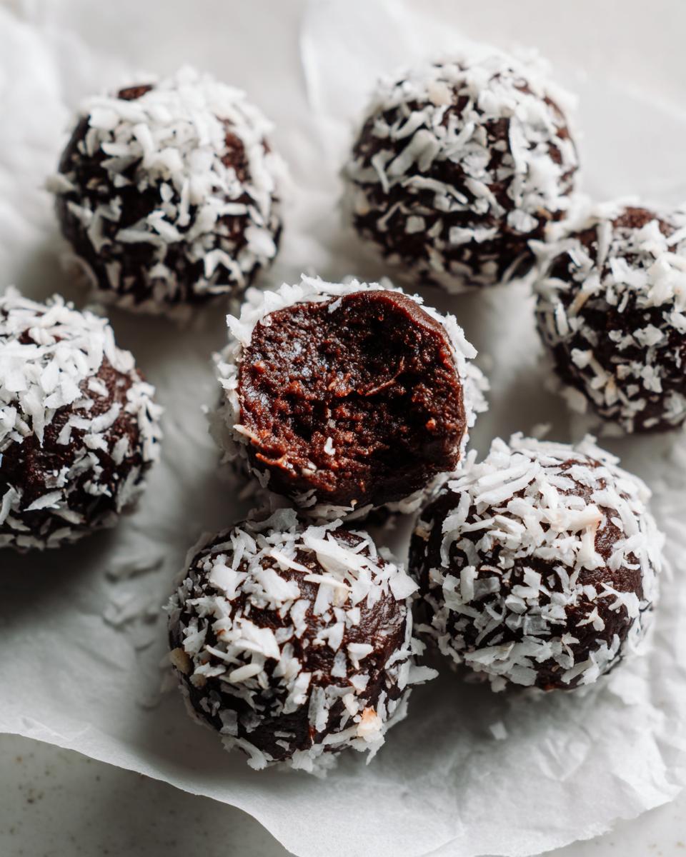 Close-up of rich, dark chocolate coconut balls rolled in shredded white coconut flakes.