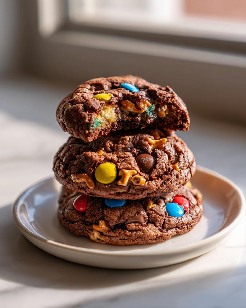 A stack of three rich, chocolate kitchen sink cookies, one broken open showing the gooey interior.