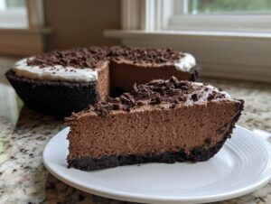 A thick slice of chocolate mousse pie with a dark crust sits on a white plate, topped with chocolate shavings.