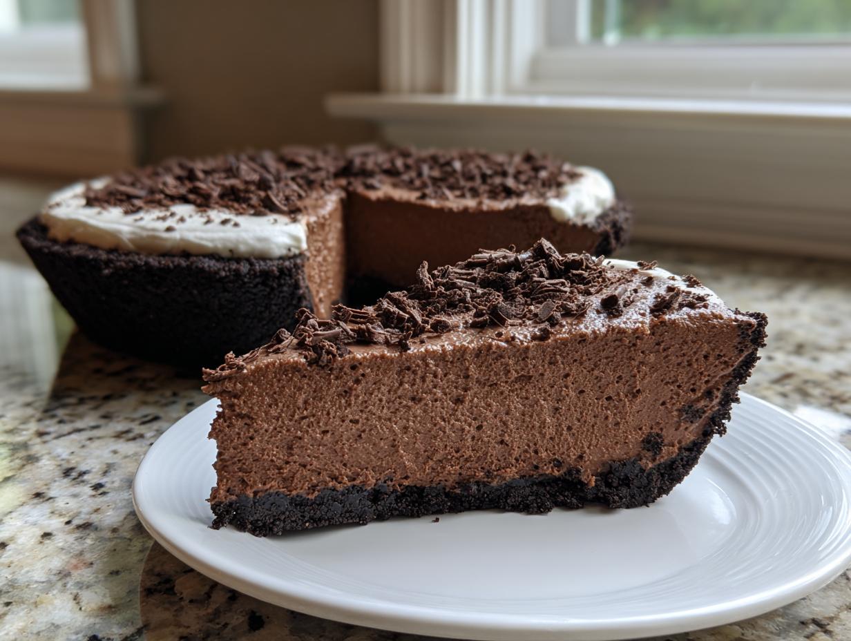 A thick slice of chocolate mousse pie with a dark crust sits on a white plate, topped with chocolate shavings.