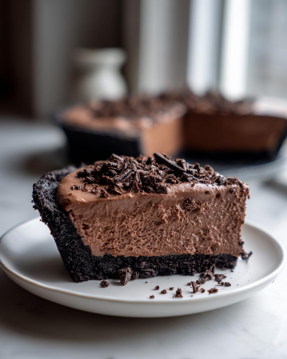 A thick slice of chocolate mousse pie with a dark cookie crust, topped with chocolate shavings, served on a white plate.