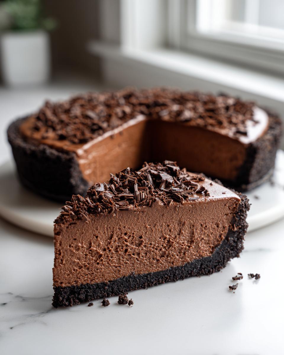 A slice of rich chocolate mousse pie with a dark crust, topped with chocolate shavings, sitting next to the main chocolate mousse pie.