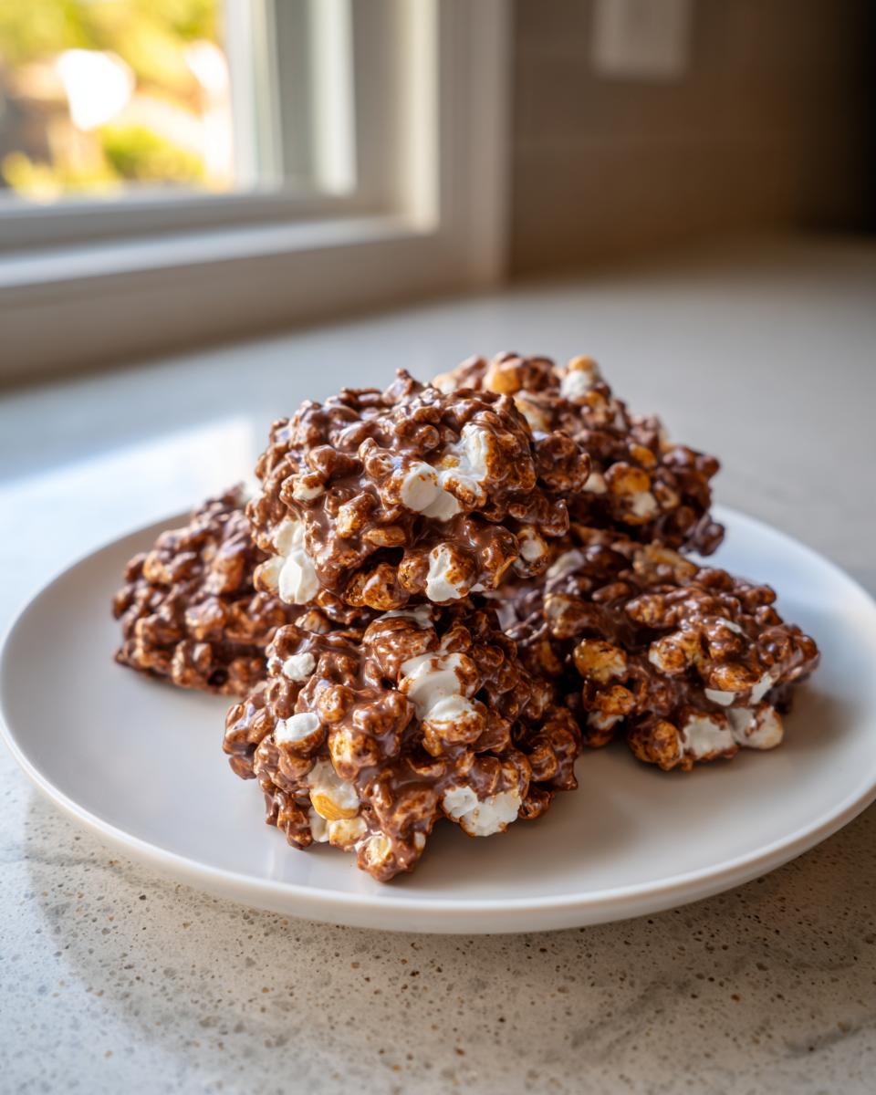 A stack of rich, chocolate-covered avalanche cookies made with popcorn and marshmallows on a white plate.