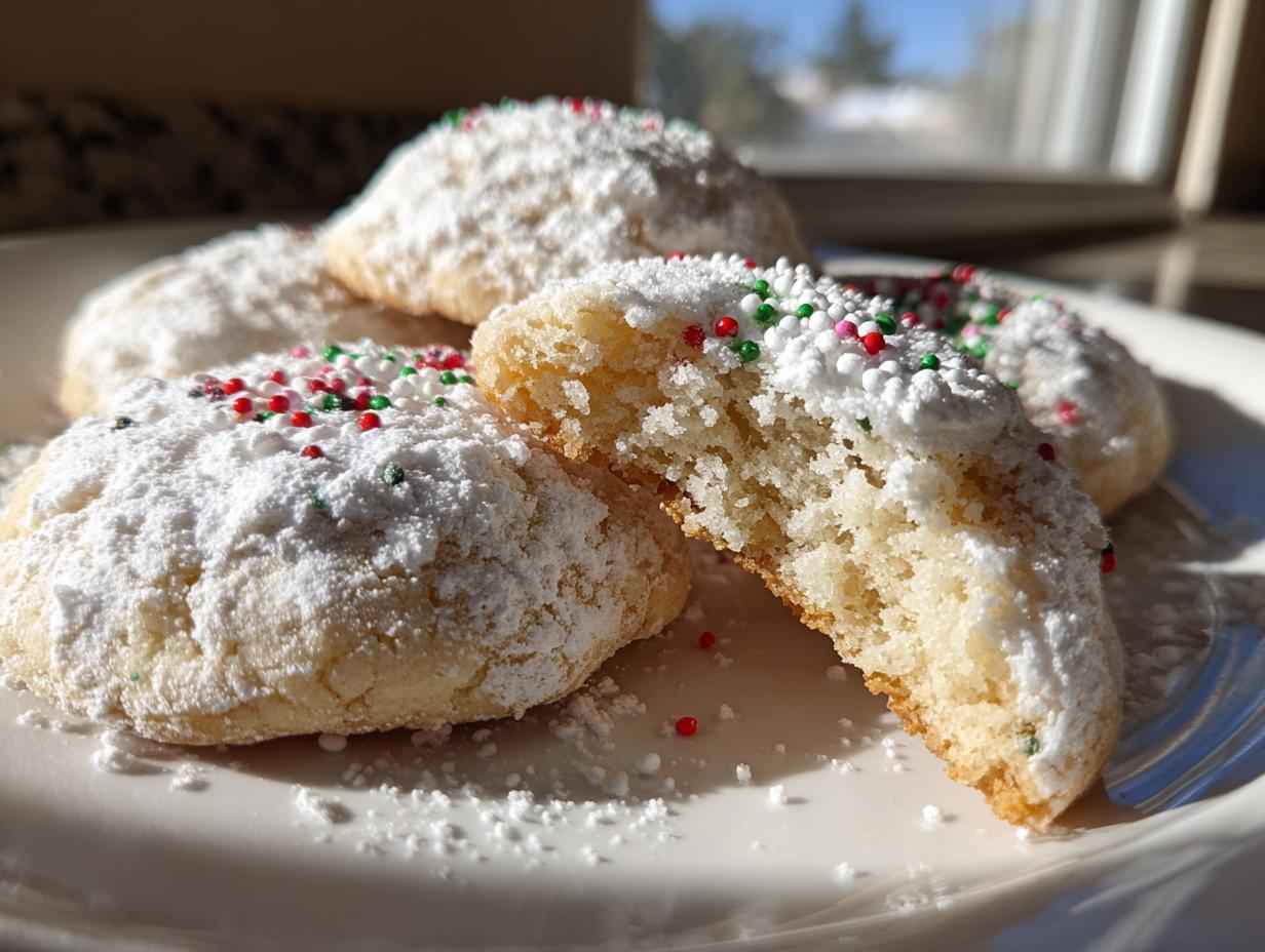 Close-up of soft Christmas gooey butter cookies dusted heavily with powdered sugar and festive red, green, and white sprinkles.