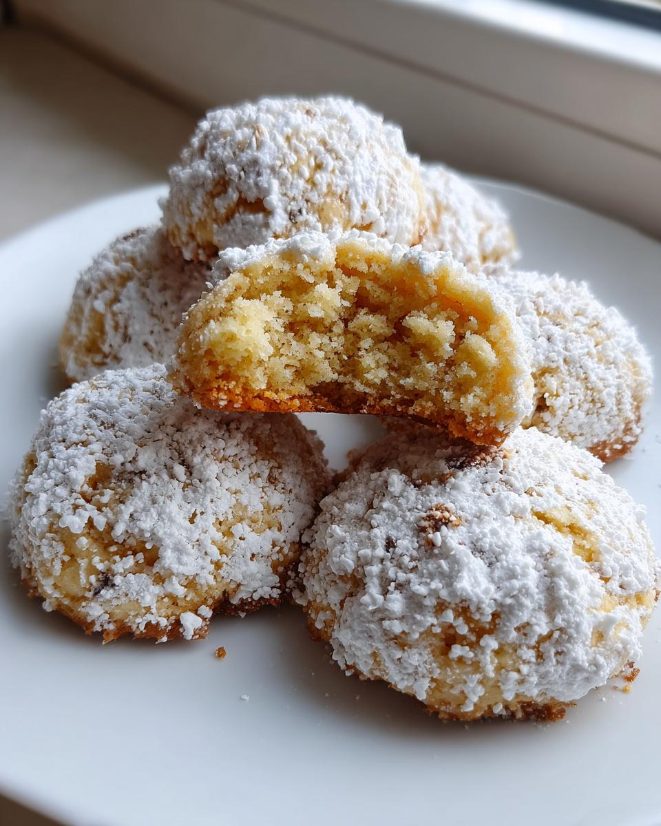 A stack of soft Christmas gooey butter cookies generously dusted with powdered sugar, one cookie is broken open showing the texture.