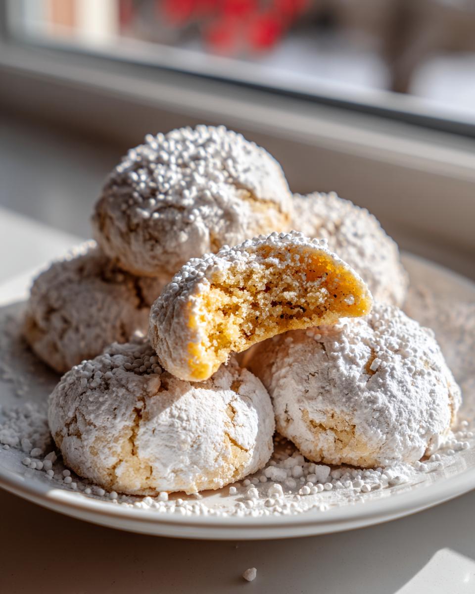 A stack of soft Christmas gooey butter cookies heavily dusted with powdered sugar, one cookie broken open showing the soft interior.