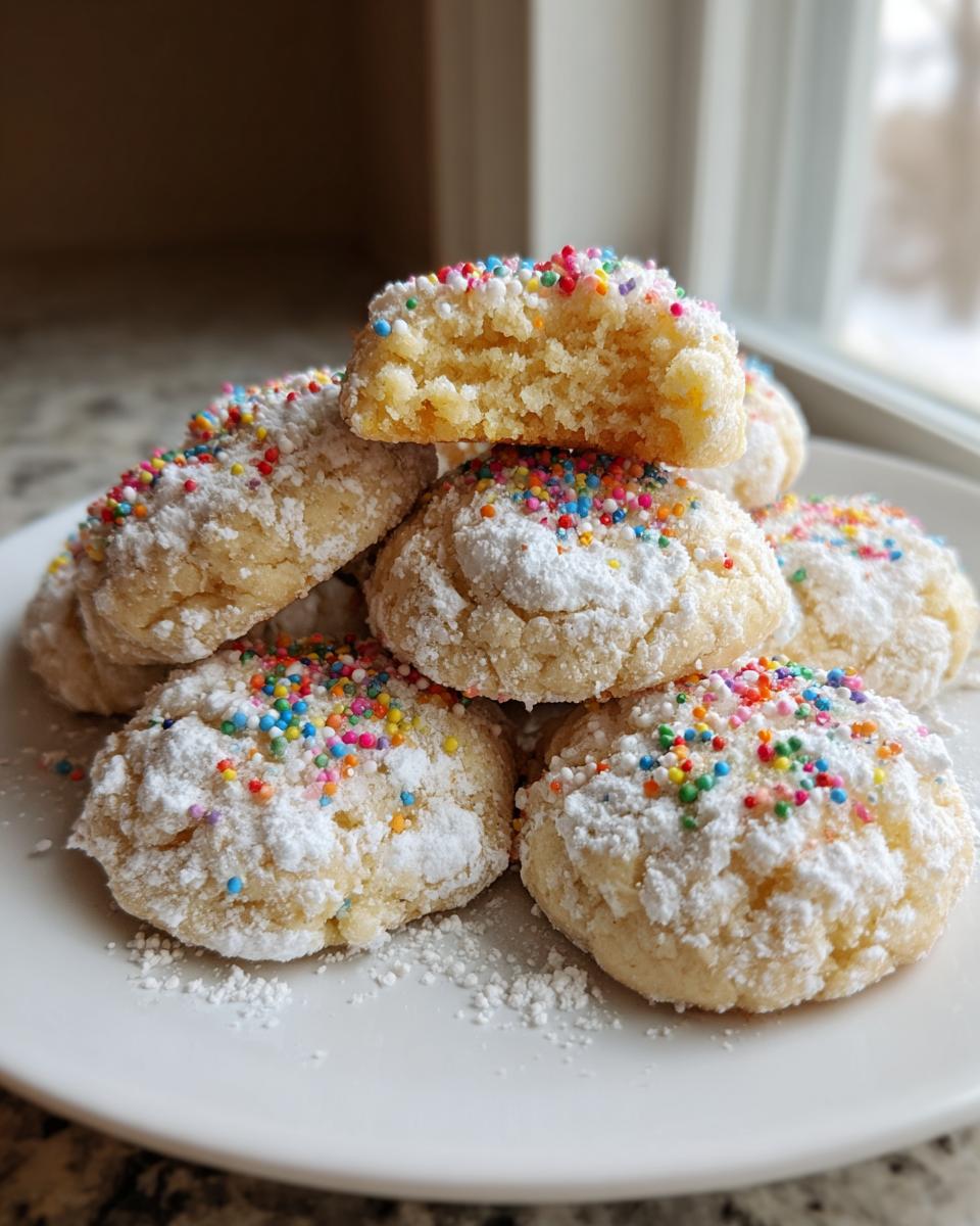 A stack of soft, powdered sugar-dusted Christmas gooey butter cookies topped with colorful sprinkles.