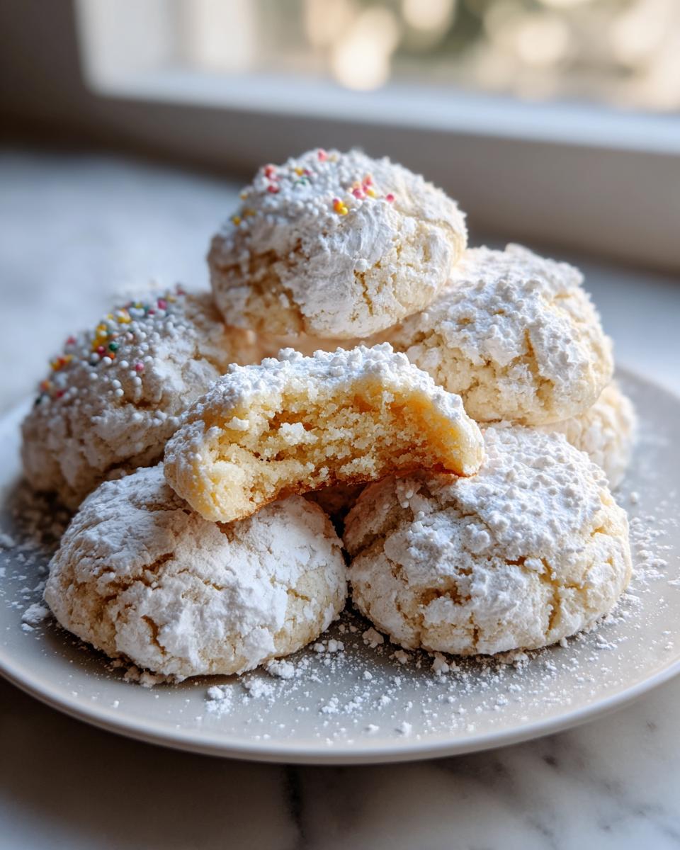 A stack of soft Christmas gooey butter cookies heavily dusted with powdered sugar, one broken open to show the texture.
