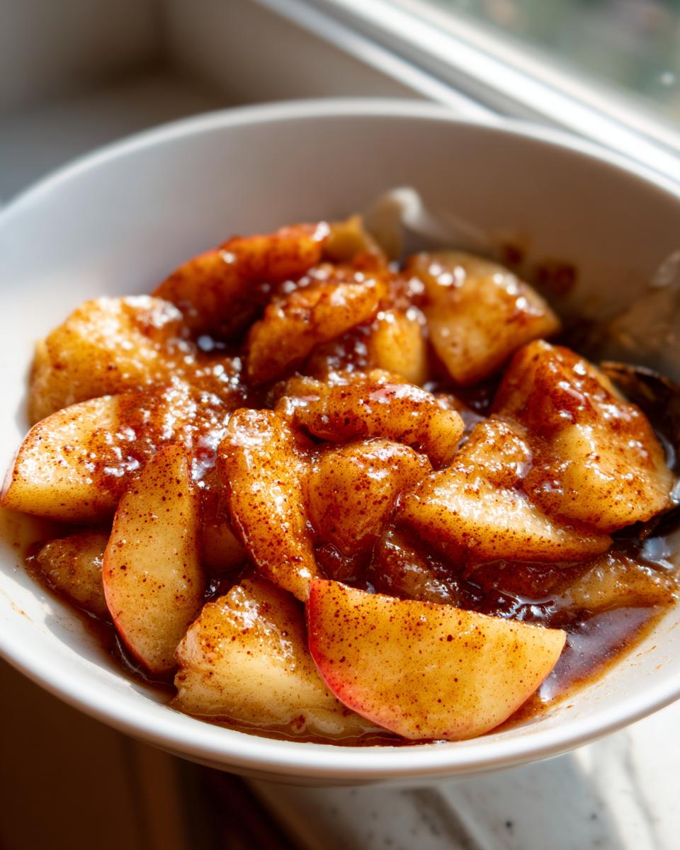 Close-up of thick, syrupy apple pie filling slices coated in cinnamon and sugar in a white bowl.