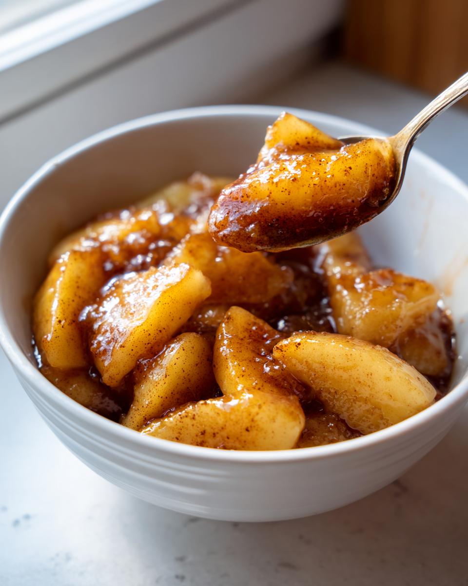 A spoonful of rich, caramelized apple pie filling, coated in cinnamon sugar, being lifted from a white bowl.