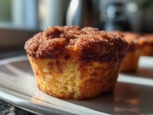 A close-up view of a single cinnamon sugar french toast muffin with a thick, sugary crust.