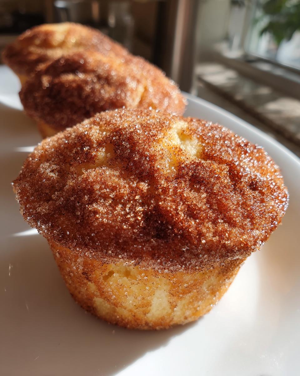 A close-up of a golden cinnamon sugar french toast muffin sitting on a white plate.