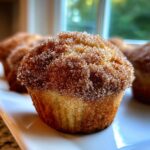 A close-up of a freshly baked cinnamon sugar french toast muffins, heavily coated in sparkling cinnamon sugar.