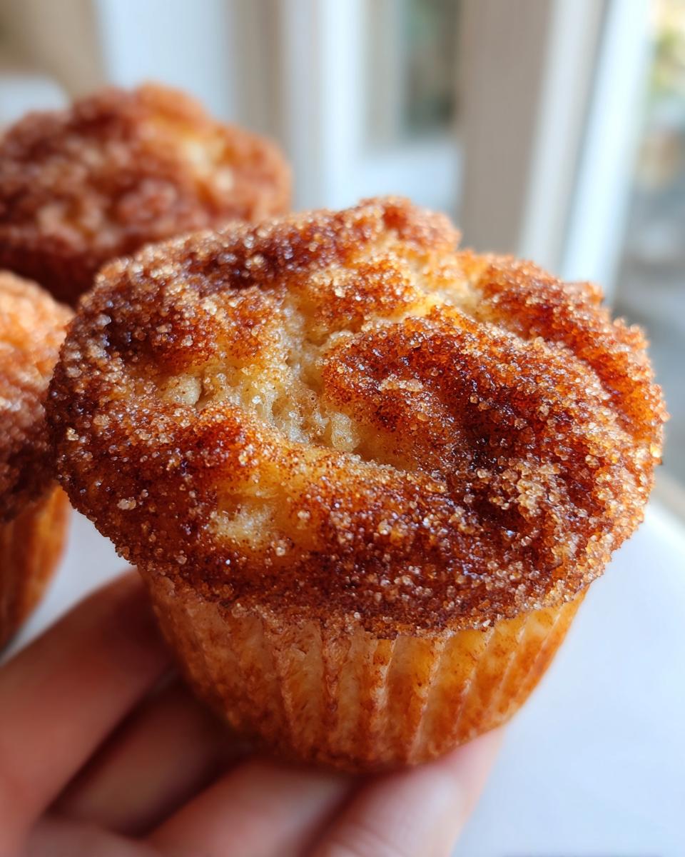 A close-up of a hand holding a freshly baked cinnamon sugar french toast muffins topped with coarse cinnamon sugar.