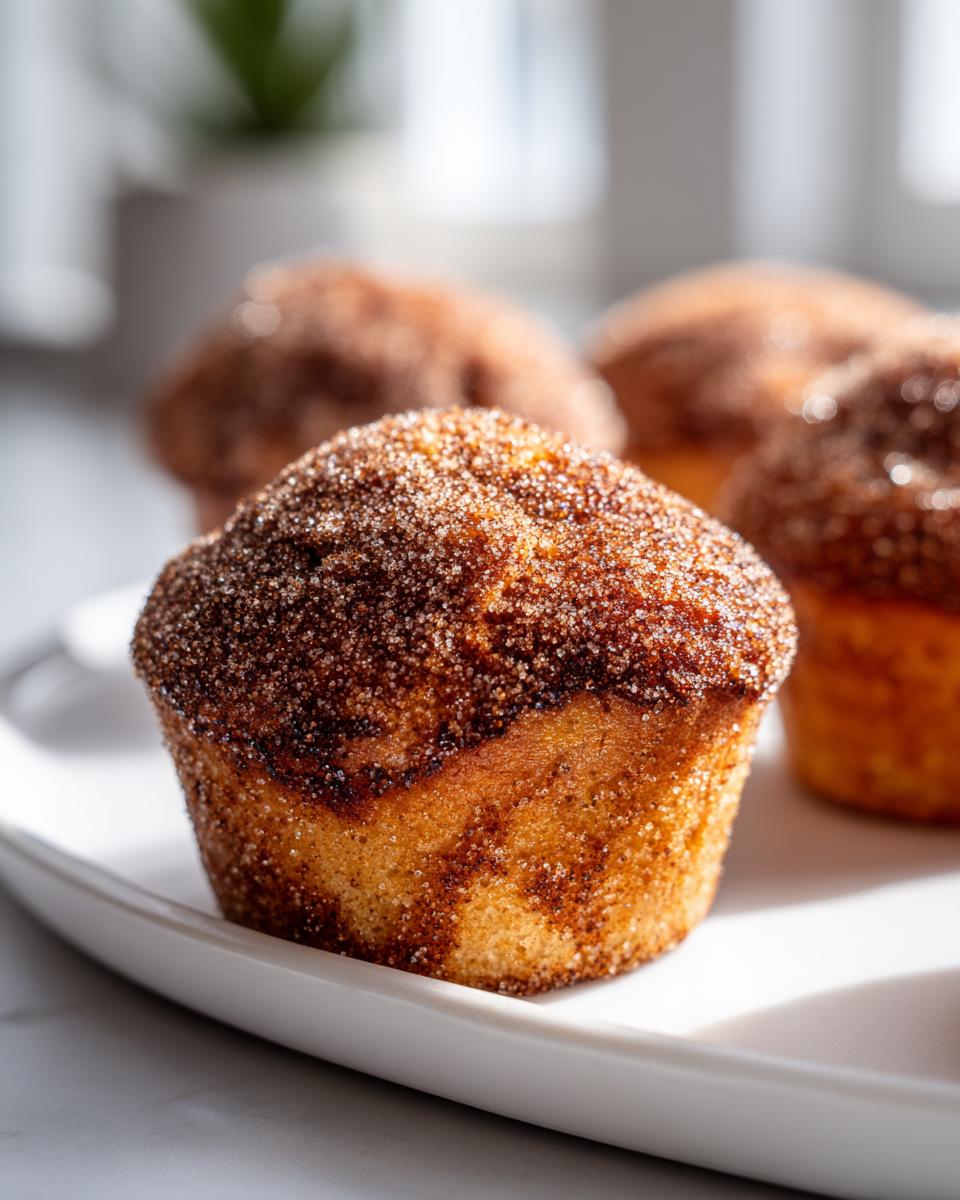 A close-up of a perfectly baked cinnamon sugar french toast muffin topped with sparkling cinnamon sugar crystals.