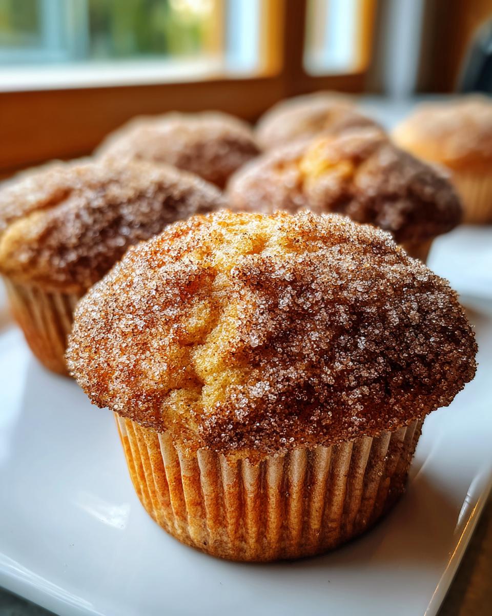 A close-up of a freshly baked cinnamon sugar french toast muffin, heavily coated in sparkling sugar crystals.