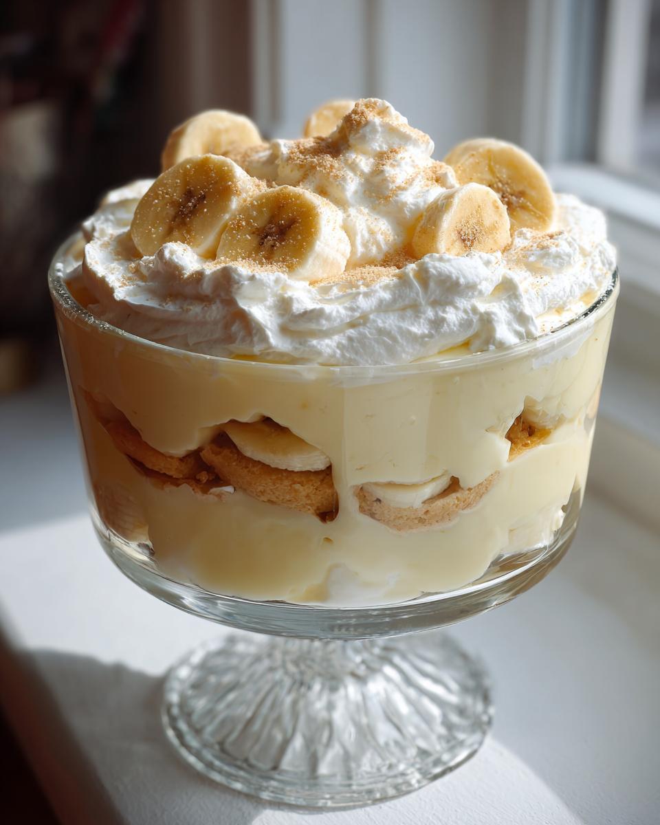 Close-up of homemade banana pudding layered with vanilla wafers, topped with whipped cream and sliced bananas.