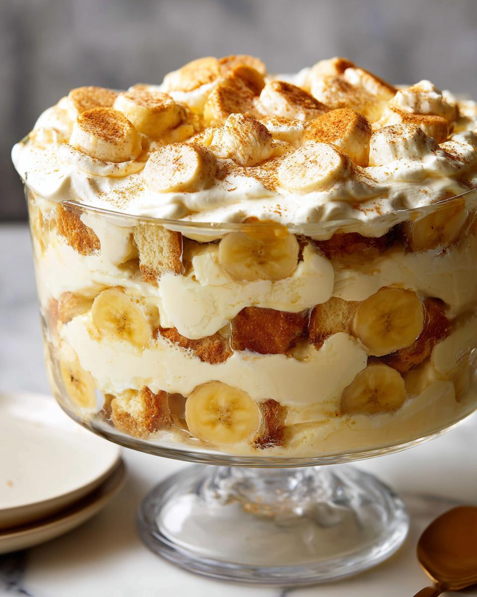 Close-up of a layered banana pudding trifle topped with whipped cream, sliced bananas, and cinnamon.