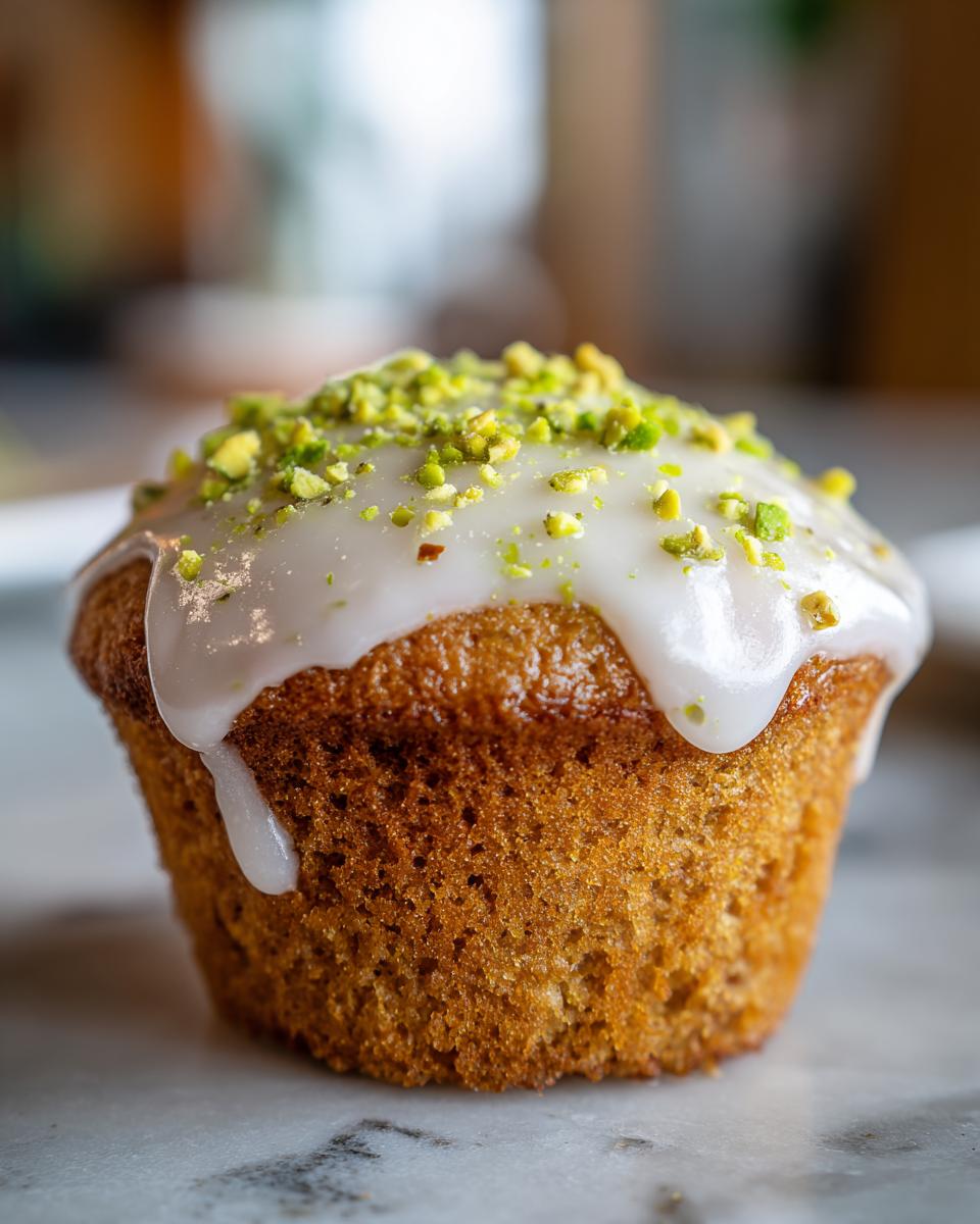 A close-up of a single, golden-brown pistachio muffin topped with white glaze and chopped green pistachios.