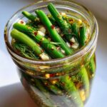 Close-up of fresh green beans packed tightly in a jar with dill, garlic, and red pepper flakes for dilly beans.