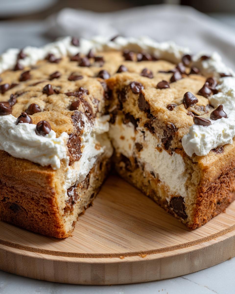 A cross-section view of a giant chocolate chip cookie cake recipe filled with cream and topped with whipped cream.