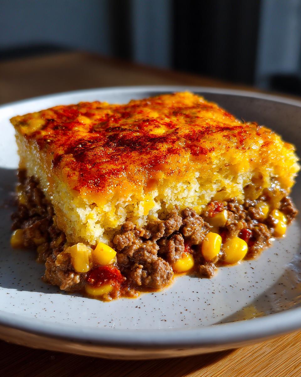 A thick slice of cowboy cornbread casserole with a savory ground beef and corn filling.