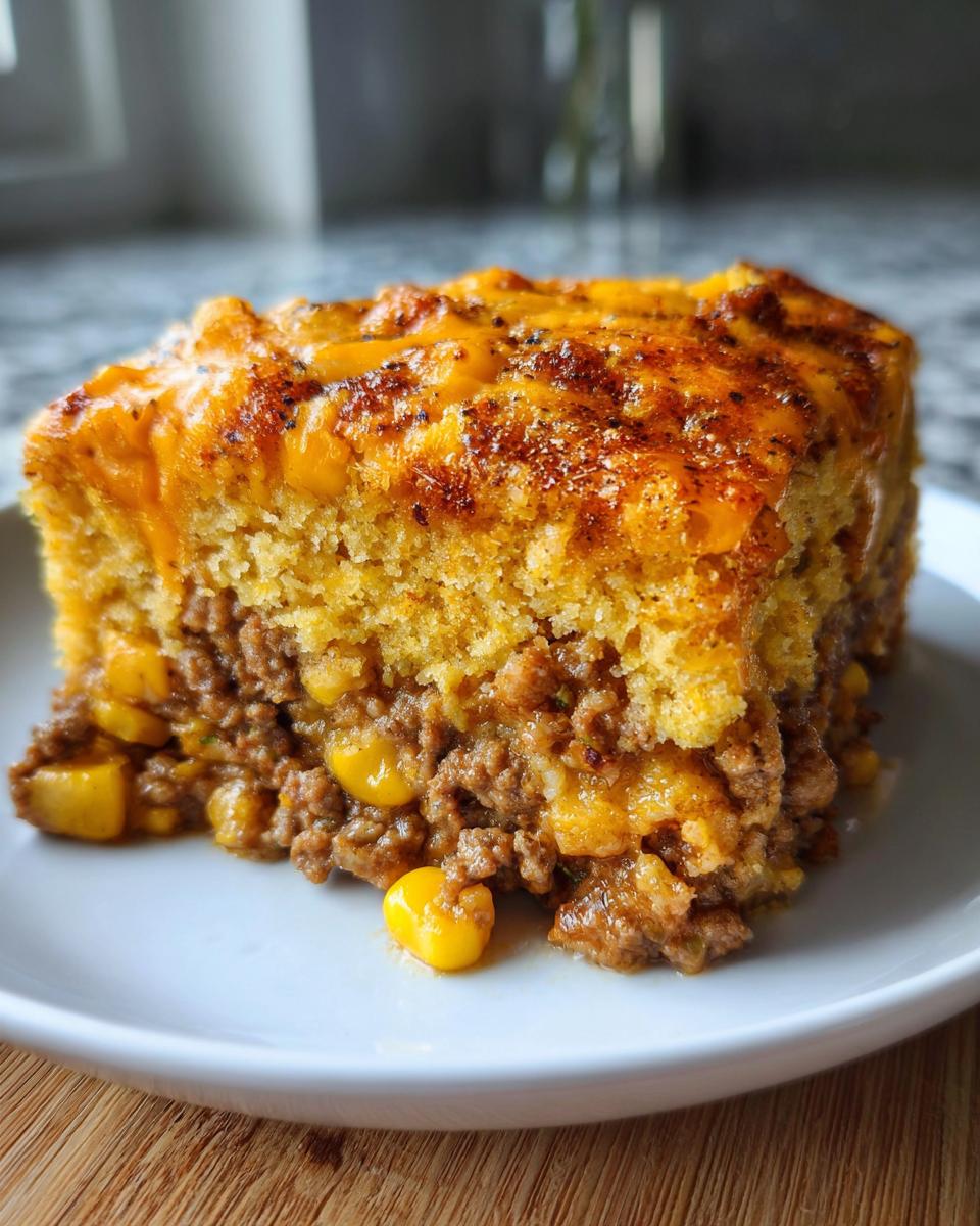 A thick slice of cowboy cornbread casserole showing a layer of seasoned ground beef and corn topped with melted cheddar cheese.