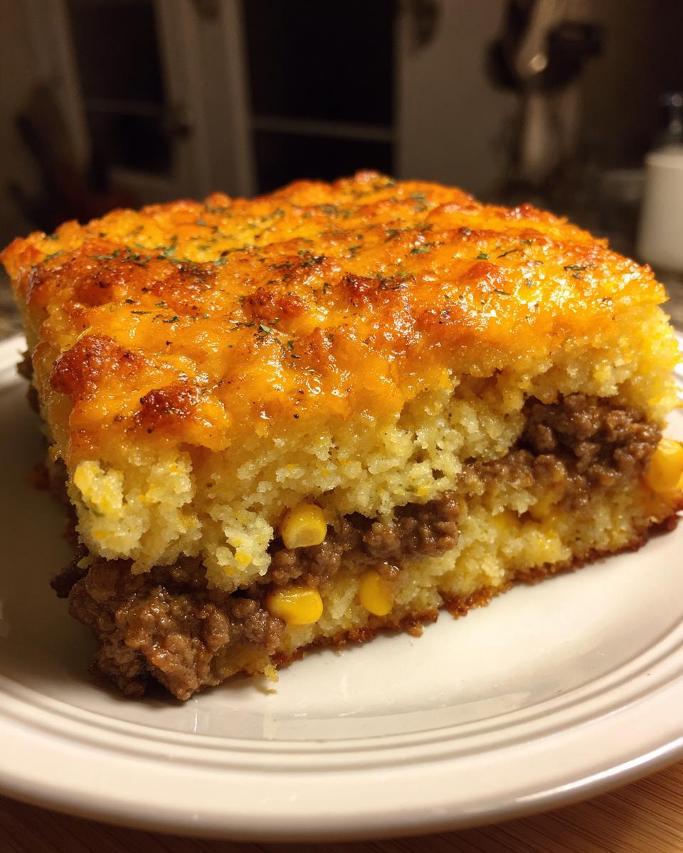 A thick slice of cowboy cornbread casserole showing layers of seasoned ground beef, corn, and a cheesy cornbread top.