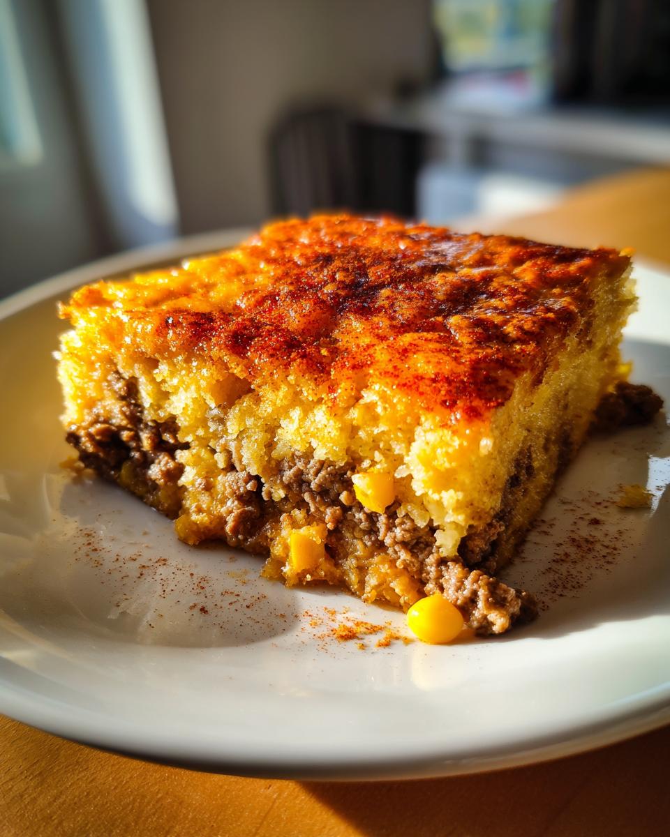A square slice of cowboy cornbread casserole with a savory ground meat and corn filling.