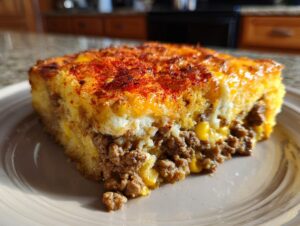 A close-up slice of cowboy cornbread casserole showing layers of ground meat, corn, and cheesy cornbread topping dusted with paprika.
