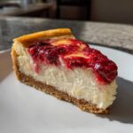 A close-up slice of creamy cranberry orange cheesecake on a white plate, featuring a graham cracker crust and bright red fruit topping.