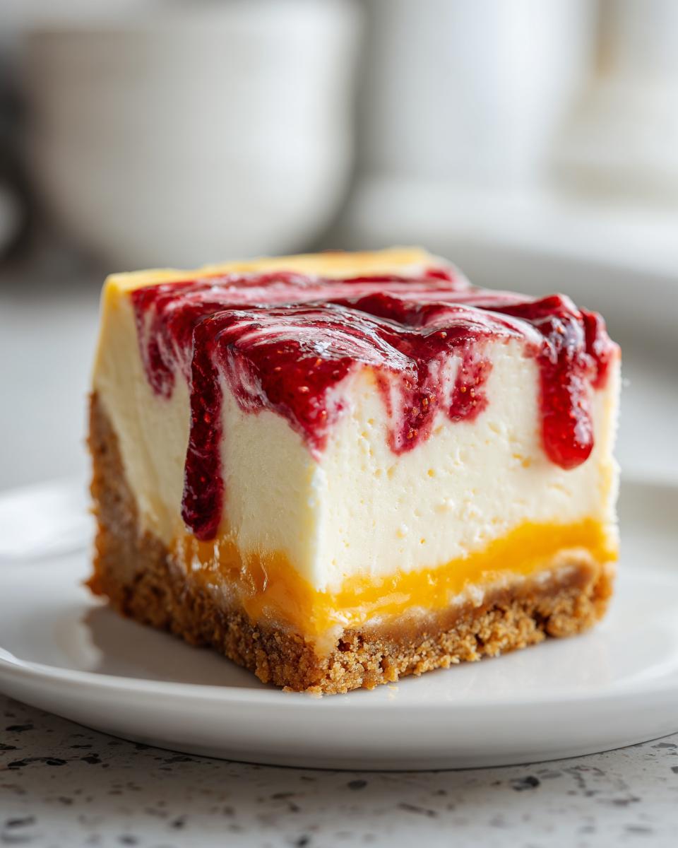 A close-up of a square slice of cranberry orange cheesecake showing the graham cracker crust, orange layer, creamy filling, and red berry drizzle.