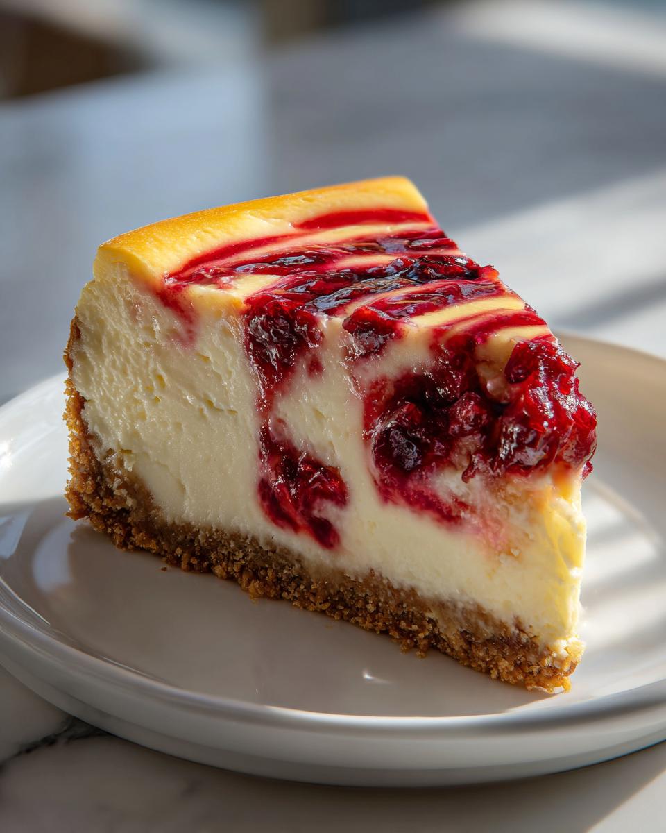 A perfect slice of cranberry orange cheesecake featuring a graham cracker crust and rich red berry swirls.