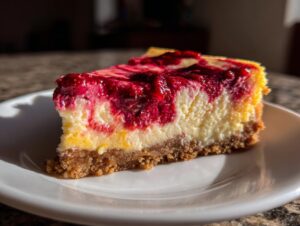 A close-up slice of rich cranberry orange cheesecake with a graham cracker crust, served on a white plate.