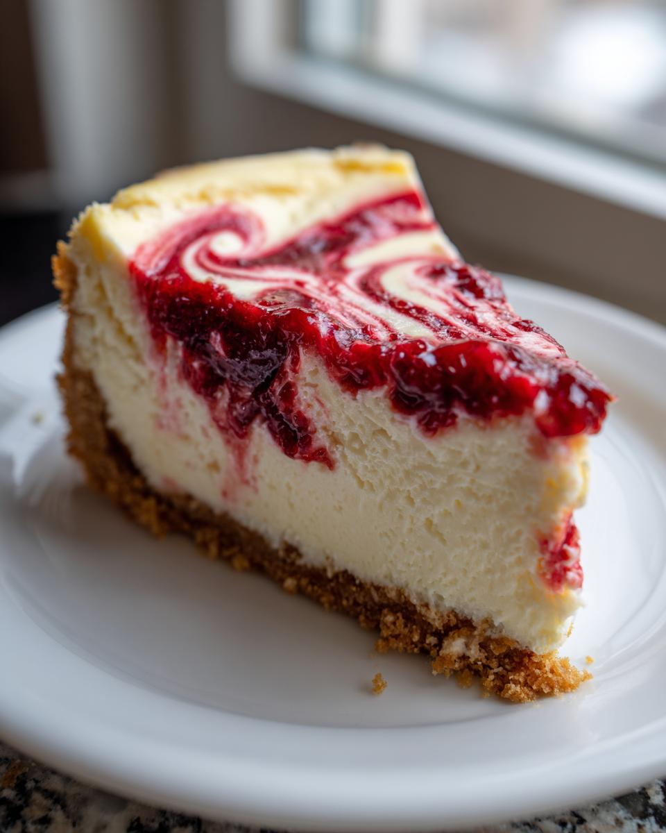 A perfect slice of creamy cranberry orange cheesecake featuring a vibrant red fruit swirl on top.