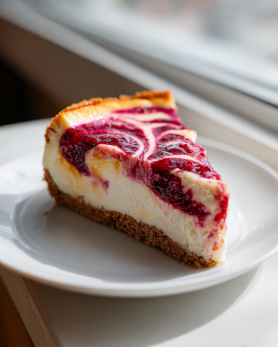 A perfect slice of cranberry orange cheesecake with a graham cracker crust, sitting on a white plate near a window.