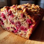 Close-up of a slice of homemade cranberry walnut bread showing bright red cranberries and crunchy walnuts.
