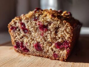 Close-up of a slice of moist cranberry walnut bread showing bright red cranberries baked inside.