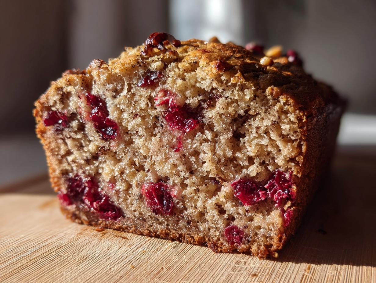 Close-up of a slice of moist cranberry walnut bread showing bright red cranberries baked inside.