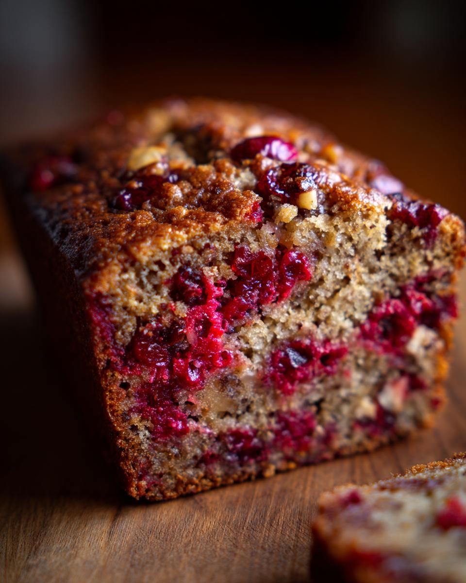 Close-up of a freshly baked cranberry walnut bread loaf showing bright red cranberries and walnuts inside.