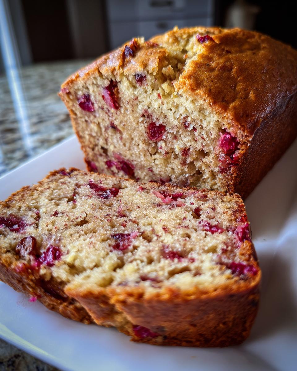 Close-up of a freshly baked cranberry walnut bread loaf with one slice cut, showing moist texture and bright red cranberries.