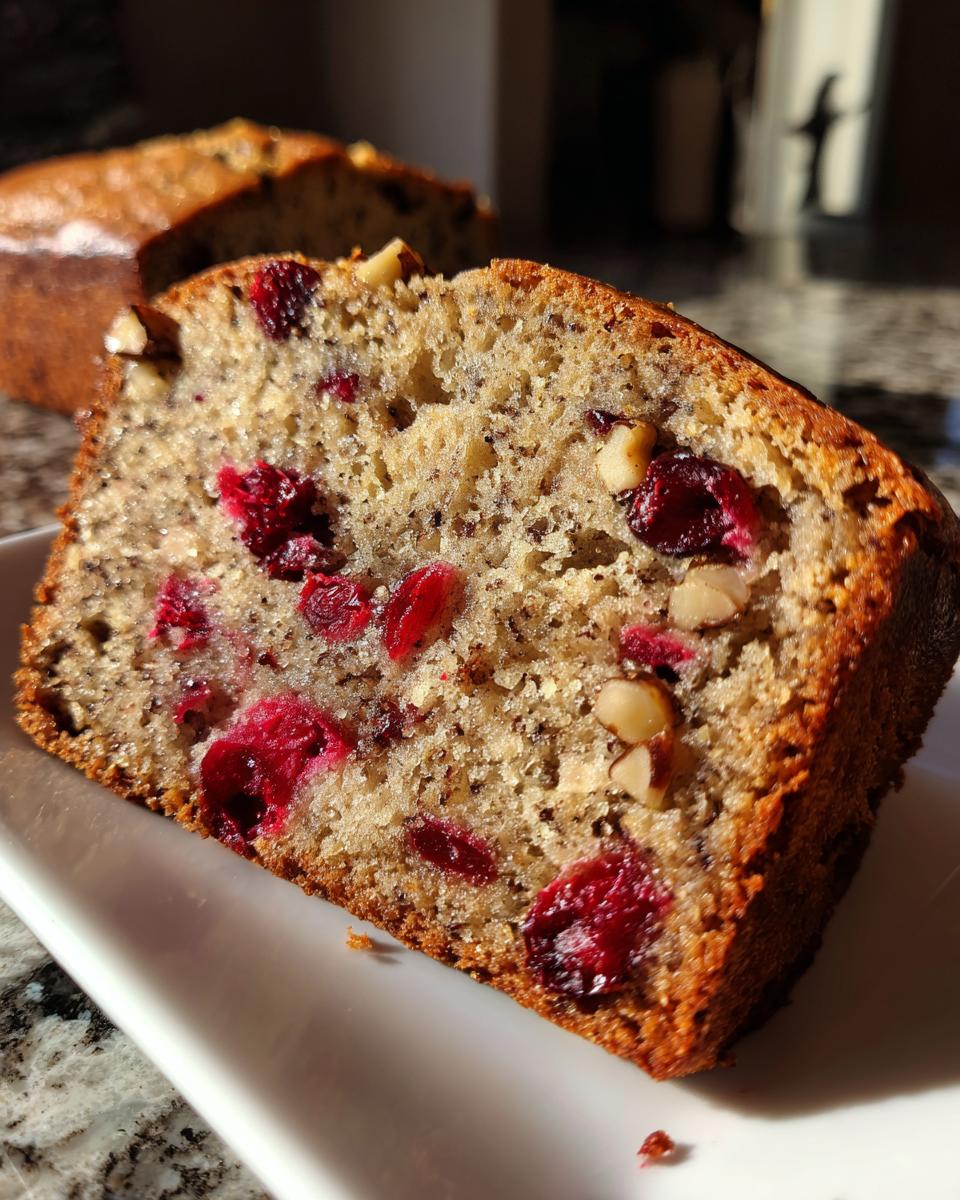 A close-up slice of moist cranberry walnut bread showing bright red cranberries and chopped walnuts.