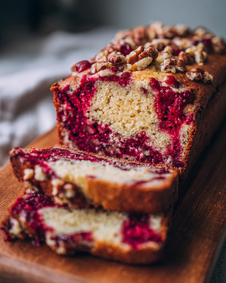Close-up of sliced cranberry walnut bread showing bright red cranberry swirls and a walnut topping on a wooden board.