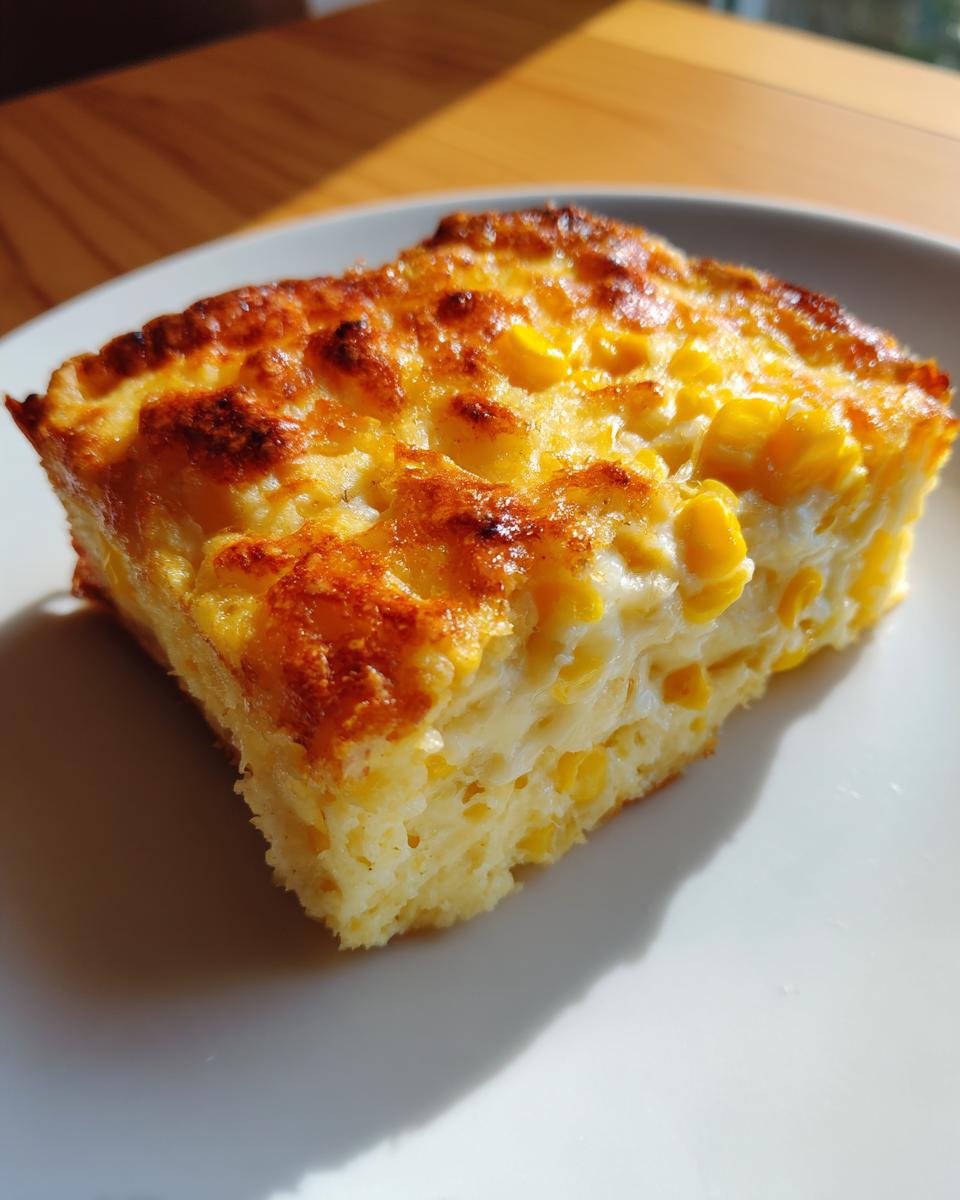 A square slice of baked cream cheese corn casserole with a golden-brown top, served on a white plate.