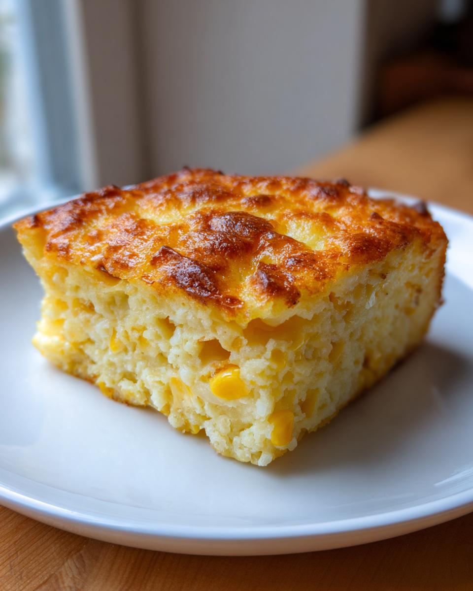 A golden brown slice of moist cream cheese corn casserole with visible corn kernels on a white plate.